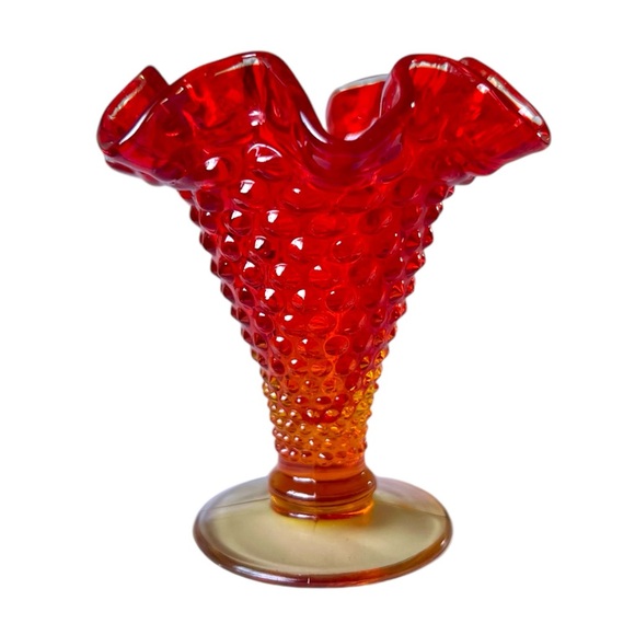 Vintage 4” Amberina Hobnail Vase Clear Trim - Picture 2 of 9